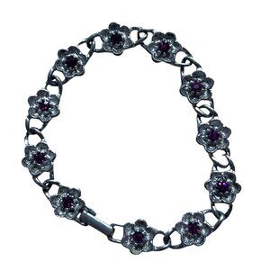 Silver-Tone Avon Floral Link Bracelet With Pink Rhinestones